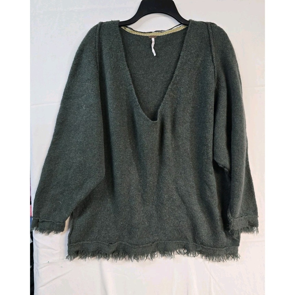 Free People‎ Irresistible Wool Pullover Olive Green Sweater L V-Neck Long Sleeve